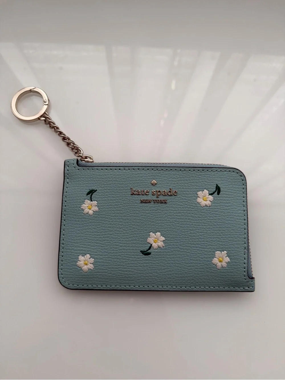 Kate Spade Light Blue Daisy Embroidered Zip Card Case with Keyring